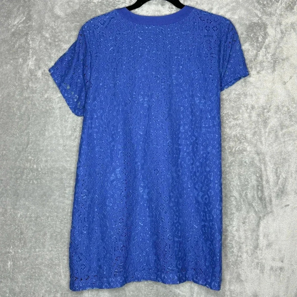 Isaac Mizrahi Large Shirt Top Blue Solid Short Sleeve Split Scoop Neck Lace Over - Picture 4 of 6